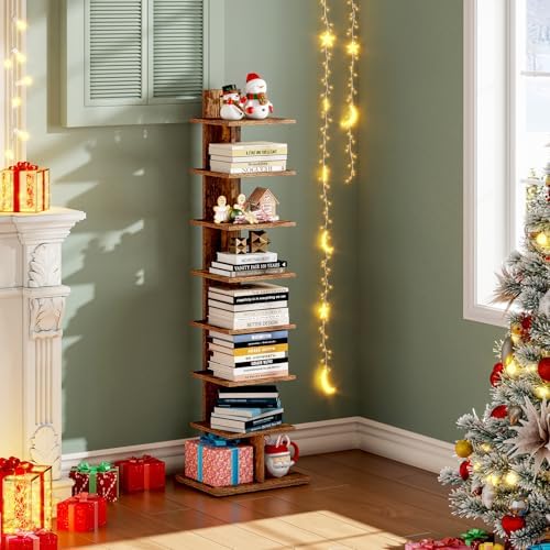 TUTOTAK Book Shelf, Narrow Spine Bookshelf, 8-Tier Bookcase for Small Space | 10.4 x 13.4 x 47.5 Inches Vertical Freestanding Corner Shelf for Living Room, Office, Study, Entryway, Brown BS06BB008