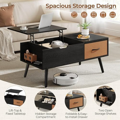 Yaheetech Lift Top Coffee Table for Living Room, Wooden Small Center Tables with Large Storage Shelf Drawer and Hidden Compartment Modern, Black