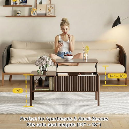 Fluted Lift Top Coffee Table with Hidden & Open Storage, Rectangle Modern Coffee Table for Living Room, Smooth Hydraulic Lift, Large Capacity, Safe Round Corners, Easy to Clean, Vertical Grain-Brown