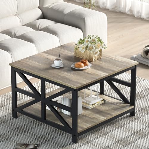 GreenForest Round Corners Coffee Table for Living Room | Rustic Style Center Table with Storage Shelf,39 Inch Space Saving Sofa Table,Easy Assembly,Gray Wash