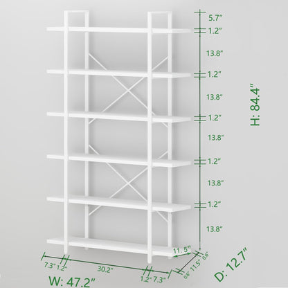 HSH White Bookshelf, 6 Tier Tall Bookcases for Bedroom Living Room Office | Industrial Modern Vertical Metal and Wood Bookcases, Farmhouse 6 Shelf Open Large Storage Book Shelves Display Book Shelf — 6-Tier / White Oak (2)