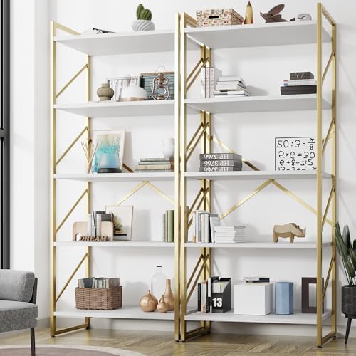 Shintenchi 5 Tiers Bookshelf, Classically Tall Bookcase Shelf, Industrial Book Rack, Modern Book Holder in Bedroom/Living Room/Home/Office, Storage Rack Shelves for Books/Movies-Rustic Brown — 2pcs/Gold (2)