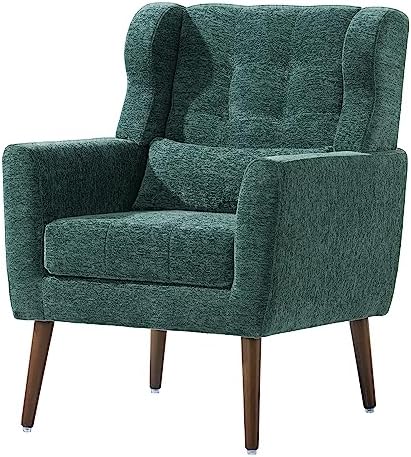 Accent Chair, Comfy Upholstered Living Room Chairs with High Tufted Backrest and Pillow, Wingback Reading Chair with Solid Wood Legs for Bedroom/Office,Teddy Fabric, Light Green — Set of 1 / Blackish Green (2)