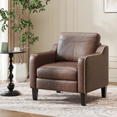 MALOL PU Leather Accent Chair, Mid-Century Modern Living Room Armchair Sofa with Removable Cushions, Solid Wood Frame & Stitched Armrest Design, Bedroom Chair with Plastic Legs, Chocolate Brown