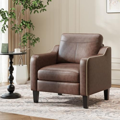 MALOL PU Leather Accent Chair, Mid-Century Modern Living Room Armchair Sofa with Removable Cushions, Solid Wood Frame & Stitched Armrest Design, Bedroom Chair with Plastic Legs, Chocolate Brown