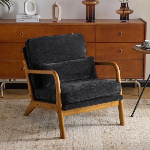 Karl home Mid-Century Modern Accent Reading Chair, Beige | Linen Upholstered, Solid Wood Frame, Soft Cushion, Lumbar Pillow, Lounge Armchair for Living Room, Bedroom, Balcony, Study — Chenille Black (2)