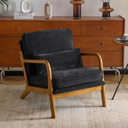 Karl home Mid-Century Modern Accent Reading Chair, Beige | Linen Upholstered, Solid Wood Frame, Soft Cushion, Lumbar Pillow, Lounge Armchair for Living Room, Bedroom, Balcony, Study — Chenille Black (2)
