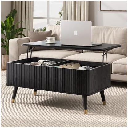 JOINICE 31.5" Round Coffee Table with Storage for Living Room, Walnut | Hidden Storage,Fluted Sliding Door,Mid Century Furniture for Small Apartments,Solid Wood Legs,Easy Assembly,Up to 110 lbs — Black_rectangle (2)