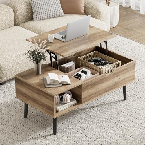 Wood Lift Top Coffee Table with Hidden Storage Compartment & Open Shelf, Multi-Functional Wooden Tabletop Dining Table for Living Room, Home Small Space — Wood Grey / 39 Inches (2)