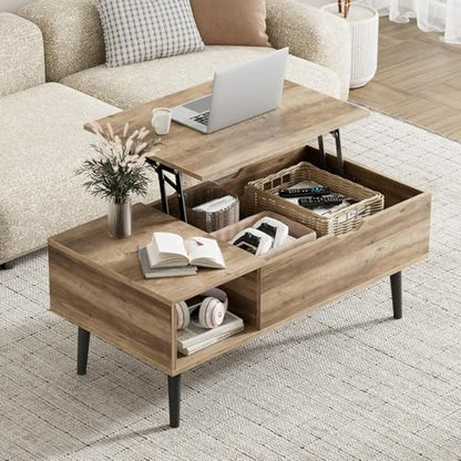 Wood Lift Top Coffee Table with Hidden Storage Compartment & Open Shelf, Multi-Functional Wooden Tabletop Dining Table for Living Room, Home Small Space — Wood Grey / 39 Inches (2)
