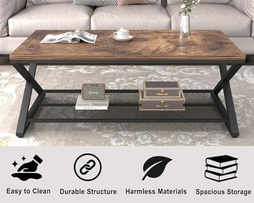 LVB Coffee Table for Living Room, 2 Tier Tea Table, 47 inch, Rustic Brown | Industrial Metal Wood Coffee Table with Storage, Farmhouse Wooden Rectangle Center Table with Mesh Shelf for Office Bedroom