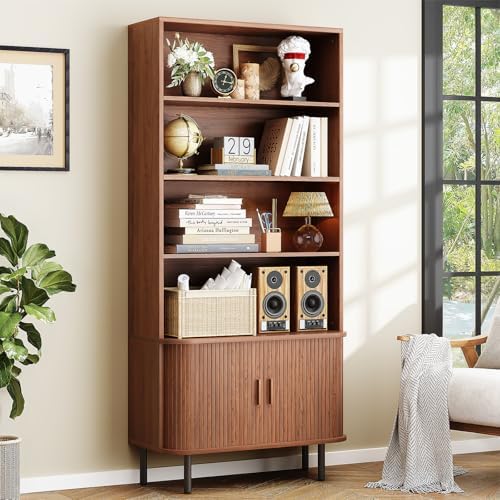 ONBRILL 71" Tall Bookshelf, 4-Tier Bookcase with Storage Cabinet & Adjustable Storage Shelf, Freestanding Wood Bookshelf with Sliding Door and Adjustable Footpad, for Home Office, Living Room, Walnut — Walnut (8)