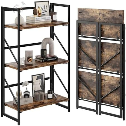 JSB No Assembly Folding Bookshelf, 4 Tier Industrial Metal Book Shelf for Storage, Vintage Wood Foldable Bookcase for Living Room, Bedroom, Office Organization Shelves