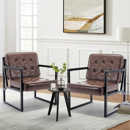 COLAMY Mid Century Modern Accent Chair Set of 2, Comfy Living Room Chair, Black Leather Accent Chair, Faux Leather Reception Armchair with Metal Legs for Living Room Bedroom Reception Office, Black — Brown / Set of 1 (2)
