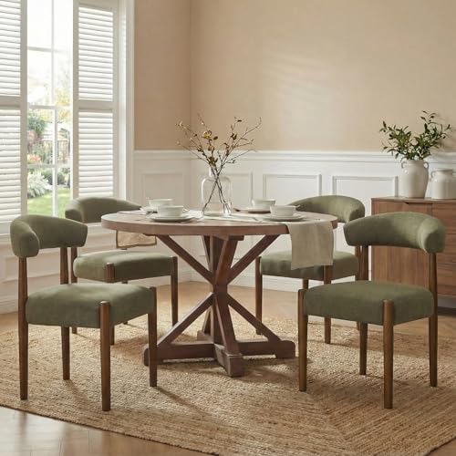 VKNOW Wooden Dining Chairs Set of 4, Modern Upholstered Dining Room Chairs with Walnut Wood Legs and Curved Backrest, Fabric Kitchen Chairs for Farmhouse/Living Room/Dining Room, Green