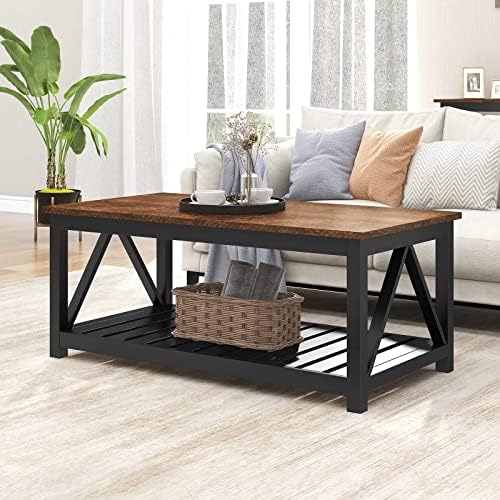 ChooChoo Farmhouse Coffee Table, Rustic Vintage Living Room Table with Shelf, 40 White — Black / 40 Inches (2)