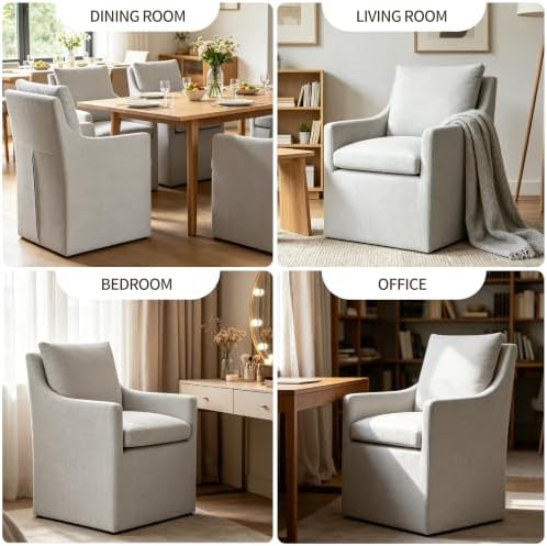 DUHOME Upholstered Dining Chair Set of 2 360 Swivel Linen Accent Armchair | Pre-Assembled Modern Rolling Armchair with Silent Casters, Beige Linen Accent Chair for Dining Room Living Room Bedroom
