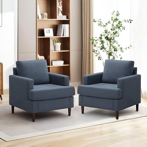 Weture Mid-Century Accent Chair,Modern Linen Fabric Armchair for Living Room,Comfy Upholstered Reading Accent Chairs for Bedroom,Single Sofa Chair with Wood Legs (Beige, 1 Pack) — Blue Grey / 1 Pack (2)