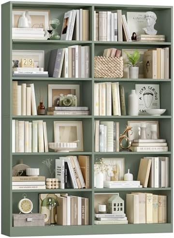 FACBOTALL Bookshelf and Bookcase, 6-Tier Double Wide Bookshelves,Freestanding Display Storage Shelves, Tall Bookcases for Home Decor Bedroom, Living Room, Home Office, Light Oak — Green (2)