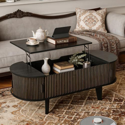 Oval Lift Top Coffee Table with Storage, 47.2" Mid Century Modern Living Room Center Table with 180° Sliding Tambour Door, Wood Fluted Coffee Table for Home Office, Walnut