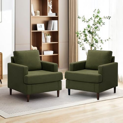 Weture Mid-Century Accent Chair,Modern Linen Fabric Armchair for Living Room,Comfy Upholstered Reading Accent Chairs for Bedroom,Single Sofa Chair with Wood Legs (Beige, 1 Pack) — Green / 1 Pack (2)