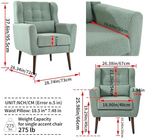Accent Chair, Comfy Upholstered Living Room Chairs with High Tufted Backrest and Pillow, Wingback Reading Chair with Solid Wood Legs for Bedroom/Office,Teddy Fabric, Light Green
