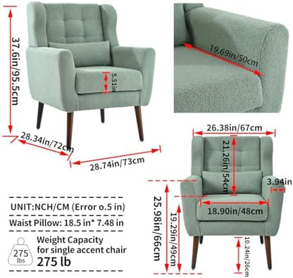 Accent Chair, Comfy Upholstered Living Room Chairs with High Tufted Backrest and Pillow, Wingback Reading Chair with Solid Wood Legs for Bedroom/Office,Teddy Fabric, Light Green
