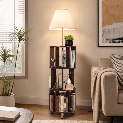 Tribesigns 62.2'' Wood Bookcase with Light, 4 Tier Bookshelf Floor Lamp | Modern Freestanding Storage Shelf with Linen Fabric Shade, Corner Bookcase with Reading Light for Living Room, Bedroom