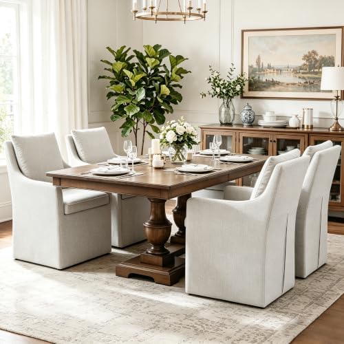 DUHOME Upholstered Dining Chair Set of 2 360 Swivel Linen Accent Armchair | Pre-Assembled Modern Rolling Armchair with Silent Casters, Beige Linen Accent Chair for Dining Room Living Room Bedroom