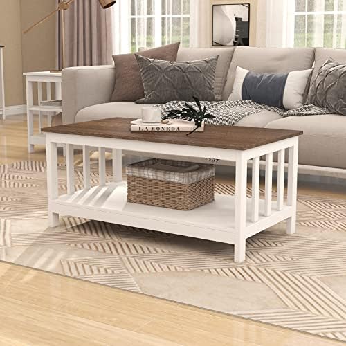 ChooChoo Mission Coffee Table, Black Wood Living Room Table with Shelf, 40 Black — White / 22"D x 39.9"W x 18.1"H (2)