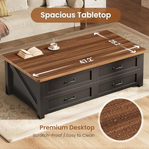 Itaar 47.2" Lift Top Coffee Table with Storage, Farmhouse Coffee Tables for Living Room with 4 Wood Drawers & Large Hidden Storage Space, Center Table for Living Room, Black + Brown