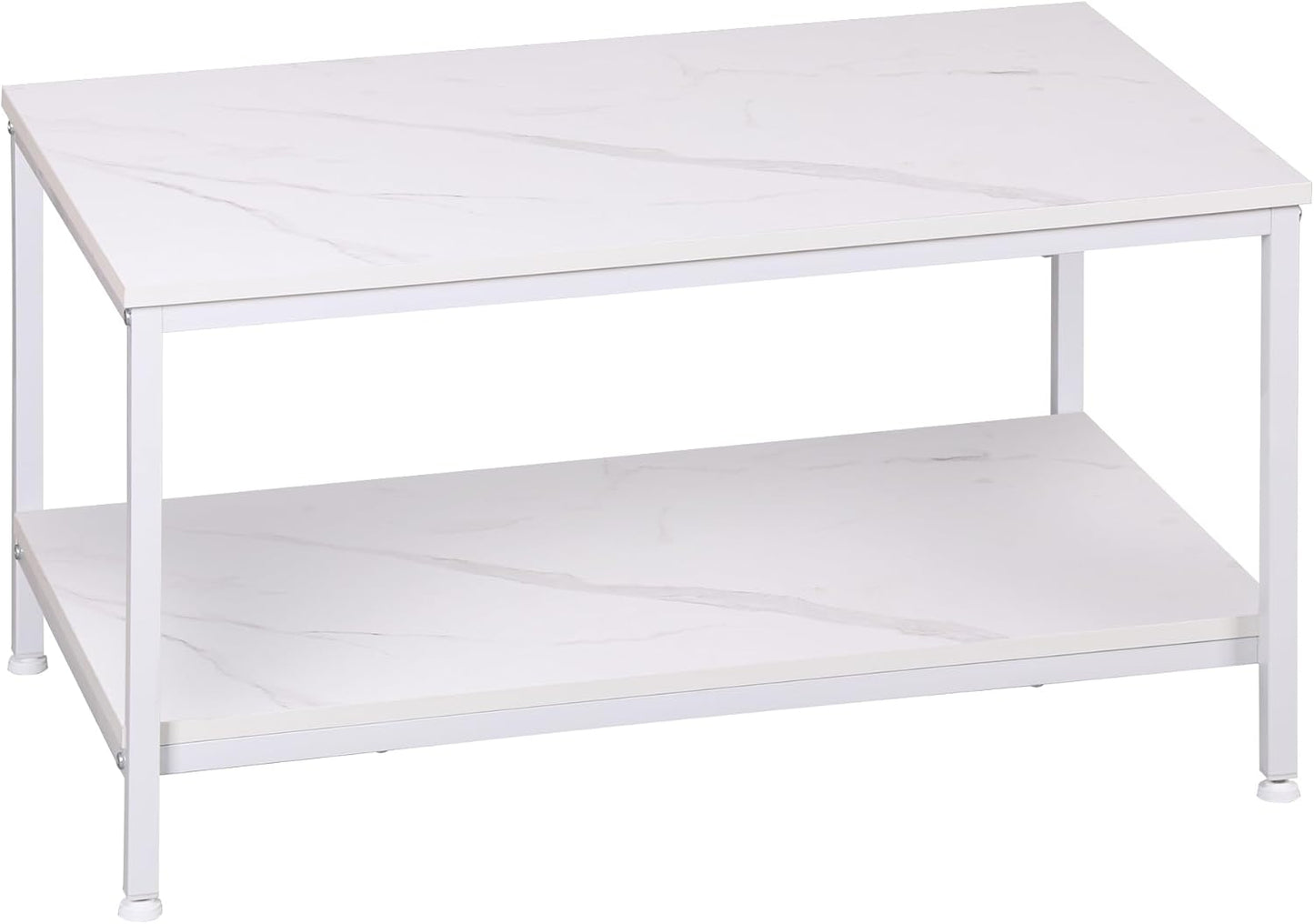 SUPER DEAL 2-Tier Industrial Coffee Table with Storage Shelf for Small Apartment Living Room, Rectangle Wood and Stable Metal TV Stand Side End Table, Rustic Brown — White Marble / 31.5in