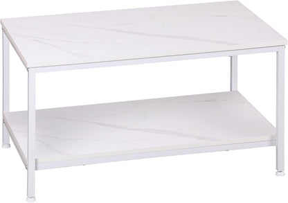 SUPER DEAL 2-Tier Industrial Coffee Table with Storage Shelf for Small Apartment Living Room, Rectangle Wood and Stable Metal TV Stand Side End Table, Rustic Brown — White Marble / 31.5in