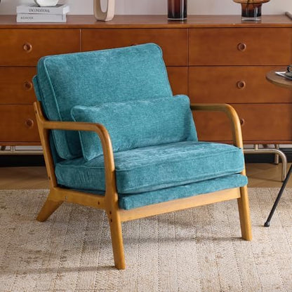 Karl home Mid-Century Modern Accent Reading Chair, Beige | Linen Upholstered, Solid Wood Frame, Soft Cushion, Lumbar Pillow, Lounge Armchair for Living Room, Bedroom, Balcony, Study — Chenille Teal (2)