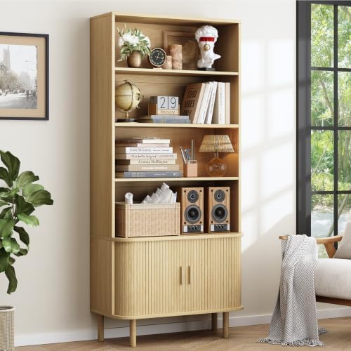 ONBRILL 71" Tall Bookshelf, 4-Tier Bookcase with Storage Cabinet & Adjustable Storage Shelf, Freestanding Wood Bookshelf with Sliding Door and Adjustable Footpad, for Home Office, Living Room, Walnut — Oak (2)