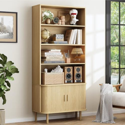 ONBRILL 71" Tall Bookshelf, 4-Tier Bookcase with Storage Cabinet & Adjustable Storage Shelf, Freestanding Wood Bookshelf with Sliding Door and Adjustable Footpad, for Home Office, Living Room, Walnut — Oak (2)