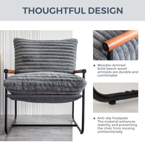 MAXYOYO Accent Chair, Sherpa Arm Chair for Living Room, Mid Century Modern Accent Chairs, Boucle Reading Bedroom Chair, Teddy Armchair, Wooden Arms Metal Frame