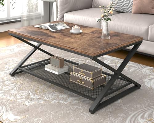 LVB Coffee Table for Living Room, 2 Tier Tea Table, 47 inch, Rustic Brown | Industrial Metal Wood Coffee Table with Storage, Farmhouse Wooden Rectangle Center Table with Mesh Shelf for Office Bedroom