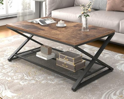 LVB Coffee Table for Living Room, 2 Tier Tea Table, 47 inch, Rustic Brown | Industrial Metal Wood Coffee Table with Storage, Farmhouse Wooden Rectangle Center Table with Mesh Shelf for Office Bedroom