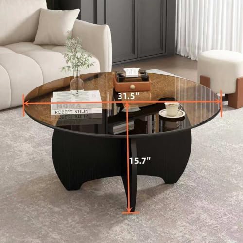 31.5'' Round Coffee Table with Tempered Glass Top, Modern Center Table for Small Spaces - Sturdy Black Board Frame, Simple Design for Living Room, Home, Office - Easy Assembly.
