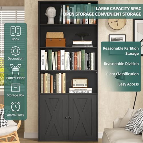 Shintenchi Bookshelf, Industrial Bookshelves and Bookcases with Doors Floor Standing 6 Shelf Display Storage Shelves 70.9 inches Tall Bookcase for Home Office, Living Room (Black)