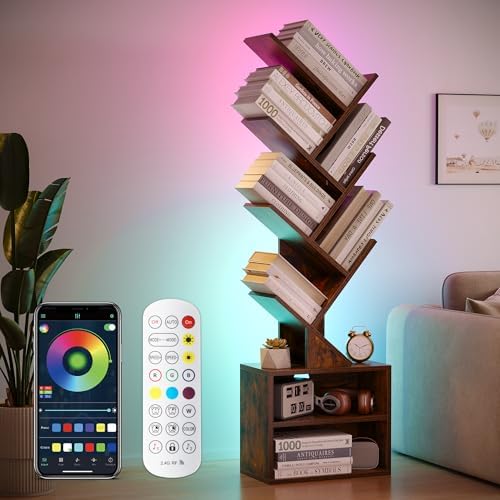 SUNMORY 6 Tier Tree Bookshelf, Small Bookcase with Storage Cabinet, Modern Tall Narrow Bookshelves Organizer, Floor Standing Book Shelf for Bedroom/Living Room/Home Office/Corner, Rustic Brown