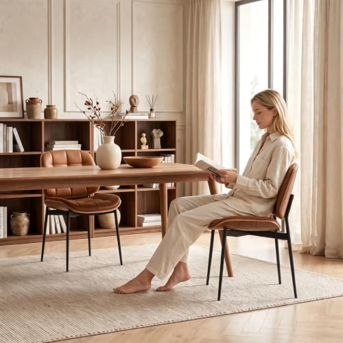 GrandNoor Mid Century Modern Dining Chairs with Walnut Grain Back, Brown Faux Leather Dining Room Chairs Set of 2, Checkered Soft Cushion Kitchen Chairs with Adjustable Foot Pads