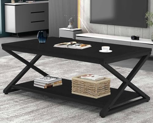 HSH Wood Coffee Table with Storage, Farmhouse Rustic Brown Coffee Table for Living Room, Modern Minimalist 2 Tier Center Table, Simple Rectangle Cocktail Tea Table in Home Office Bedroom, 39 Inch — 39 Inch / Black Oak (2)