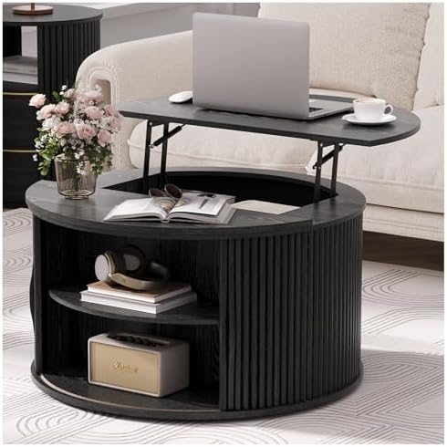 JOINICE 31.5" Round Coffee Table with Storage for Living Room, Walnut | Hidden Storage,Fluted Sliding Door,Mid Century Furniture for Small Apartments,Solid Wood Legs,Easy Assembly,Up to 110 lbs — Black_round (Lift Top) (2)