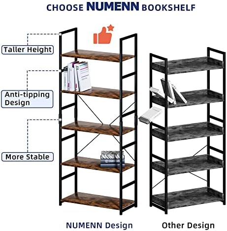 NUMENN 5 Tier Bookshelf, Tall Bookcase Shelf Storage Organizer, Modern Book Shelf for Bedroom, Living Room and Home Office, Vintage