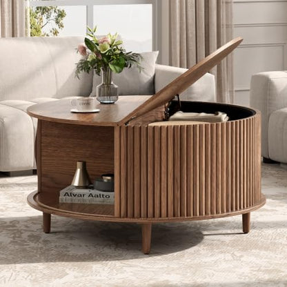 JOINICE 31.5" Round Coffee Table with Storage for Living Room, Walnut | Hidden Storage,Fluted Sliding Door,Mid Century Furniture for Small Apartments,Solid Wood Legs,Easy Assembly,Up to 110 lbs — Walnut_round (10)