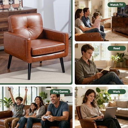 Vogue Furniture Direct Mid Century Accent Chair, PU Leather Modern Chair with Wooden Frame, Cozy Armchair Reading Chair with Comfy Back for Apartment, Living Room, Bedroom, Small Space, Corner, Brown