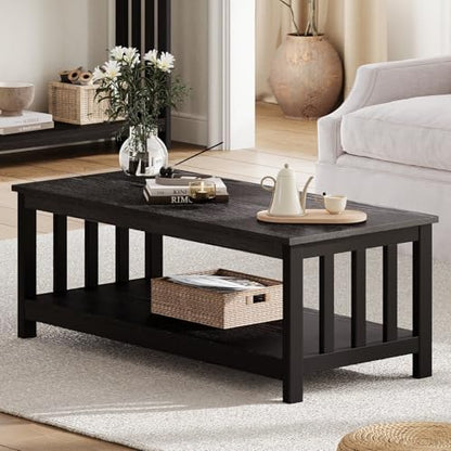 ChooChoo Mission Coffee Table, Black Wood Living Room Table with Shelf, 40 Black — Black / 22"D x 39.9"W x 18.1"H (9)