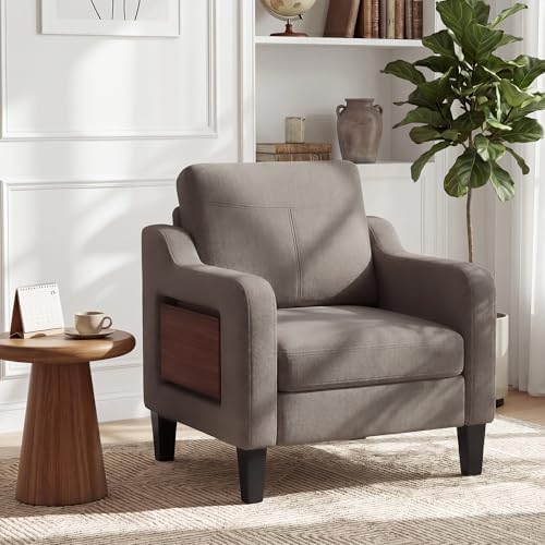 Accent Chair for Living Room, Mid-Century Upholstered Armchair with Foldable Table & 2 Side Pockets, Modern Linen Wooden Sofa Chair for Bedroom & Reading Room, Light Grey